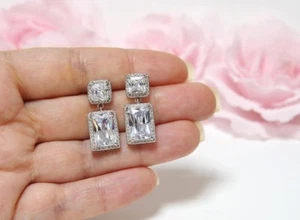 3ct Radiant Cut Lab-Created Moissanite Elegant Halo Drop Earring Gold Plated - Picture 1 of 3