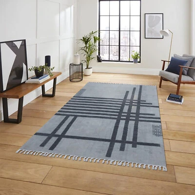 Gray Black Washable Area Rugs for Living Room Bedroom Cotton 5x8 6x9 9x12 - Image 1 of 4