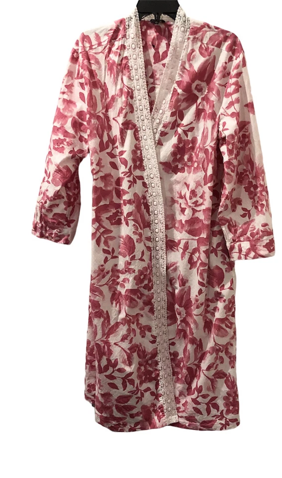 Talbots Rosa Blanco Floral Manga 3/4 Bolsillos Envoltura Algodón Bata Encaje Ribete Mediano Foto 1 de 4