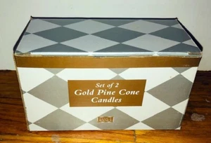 Great Avenue Set of 2 Gold Pine Cone Candles Sculpted New In Open Box - Picture 1 of 2