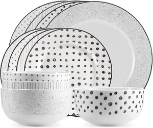 & Co. 12-Piece Black & White Sketch Dinnerware Set, Porcelain, Includes Plates, - Picture 1 of 7