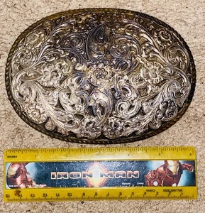 Crumrine Western Mens Belt Buckle Riding Silver 6 1/4 X 4 1/2 - Picture 1 of 2