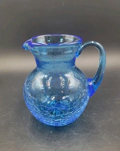 Small Blue Art Glass Crackle Glass Pitcher  - Picture 1 of 5