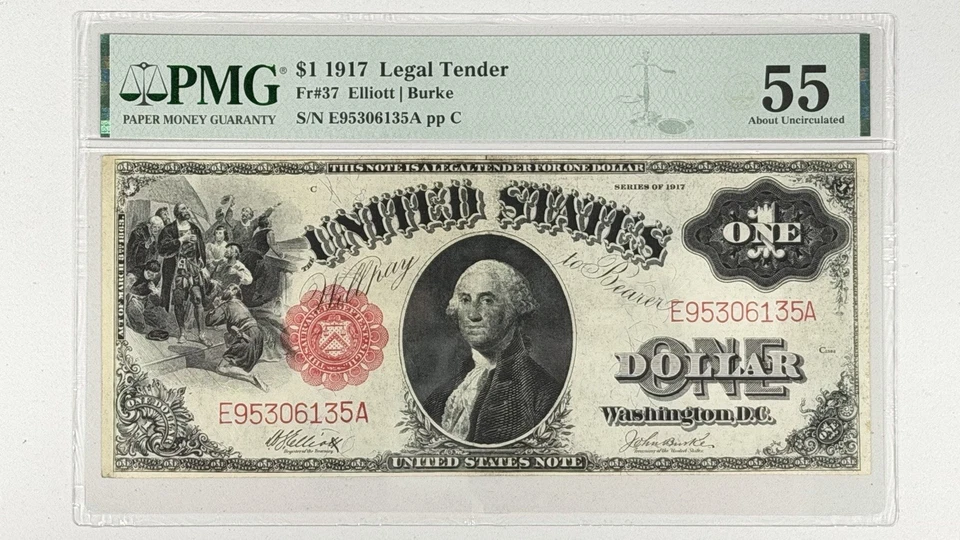 1917 $1 United States Note Legal Tender PMG AU55 Elliott/Burke US Banknote Fr 37 - Image 1 of 2