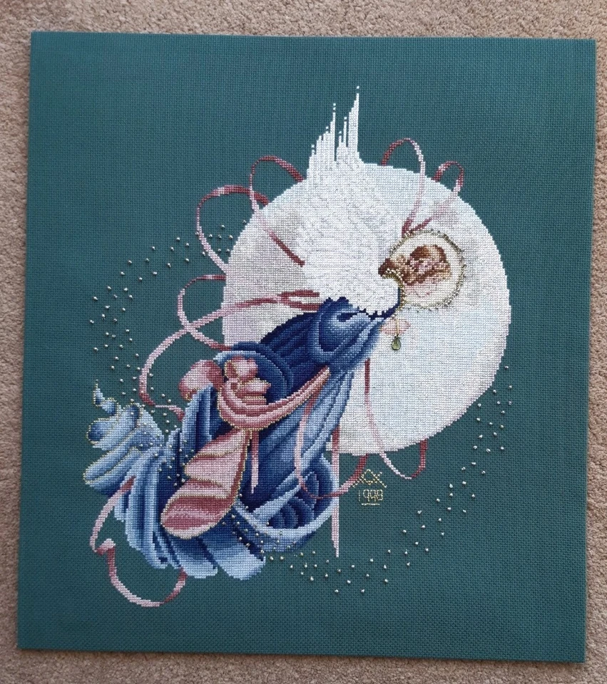 LAVENDER & LACE BLUE MOON ANGEL  COMPLETED CROSS STITCH - Image 1 of 4