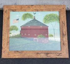 WARREN KIMBLE FOLK ART FRAMED PRINT ROUND BARN w/FLAG COUNTRY FARM SCENE 16"x20"