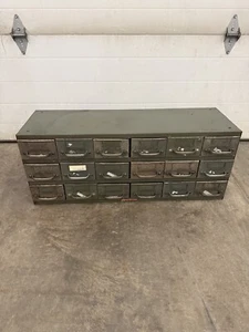 Vintage Equipto USA Metal Parts Cabinet Bolt Bin 34x11x13” Green 18 Drawers Nice - Picture 1 of 16