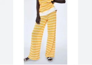 Zara Yellow White Striped Retro Vintage Vibes Flare Leg Pull On Pants Resort S - Picture 1 of 5