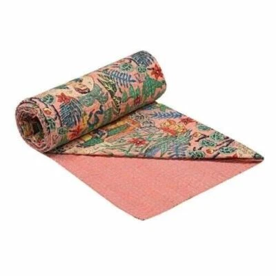 India Handmade Twin Cotton Kantha Quilt Throw Blanket Bedspread Pink Bed Cover - Image 1 of 4