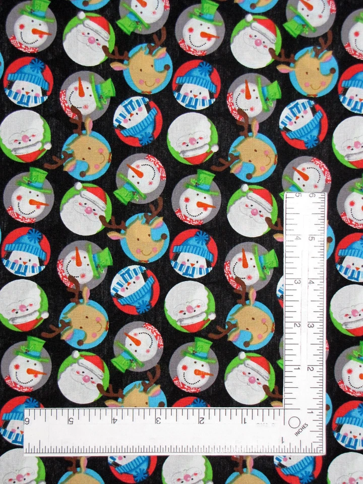 Muñeco de nieve de Navidad Papá Noel reno tela marcos circulares algodón negro por yarda Foto 1 de 1