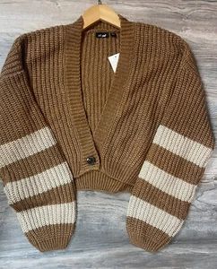 SELLO HÚMEDO MUJER CAMEL Y CREMA RECORTADO CUELLO EN V CARNIGAN DELANTERO TALLA XL NUEVO CON ETIQUETA - Imagen 1 de 7