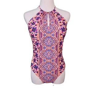 Tahiti Peach Medallion Floral Halter Padded 1Pc Swimsuit MEDIUM (8-10) Colorful - Picture 1 of 10