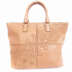 Tory Burch Natalie Satchel Tote Bag Logo Suede Leather Hsp037 Brown Women'S - Picture 1 of 6