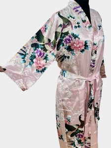 Silky Floral Nightgown Robe Set Peacock M Peignoir Pink Feminine Sweetheart - Picture 1 of 7
