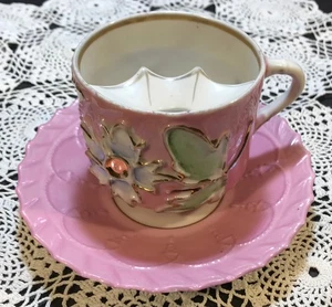 VINTAGE FORGET ME NOT MUSTACHE CUP WITH SAUCER PINK RAISED FLOWERS PORCELIAN - Picture 1 of 5