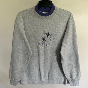 Vintage Embroidered Hummingbird Gray Faux Turtleneck Sweatshirt Size Medium - Picture 1 of 11