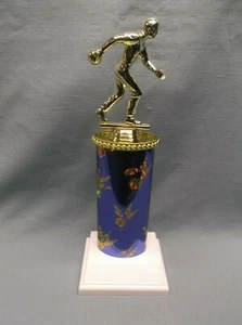 BOWLING male theme blue oval column trophy award weighted white base - Picture 1 of 1