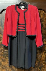 Vtg 90s Danny & Nicole 2-pc Suit Dress Women Sz 16 Red Black Stripe Crop Jacket - Picture 1 of 13