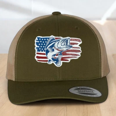 American Flag Bass Fish Engraved Tri-Color Acrylic Trucker Hat Patch - Изображение 1 из 4