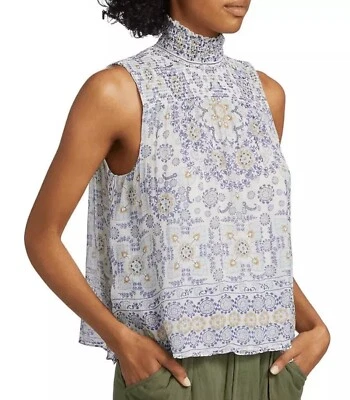 $228 JOIE Women's Mika Smocked Silk Blue Turtleneck Top Clematis Multi Sz M NWT - Image 1 of 4