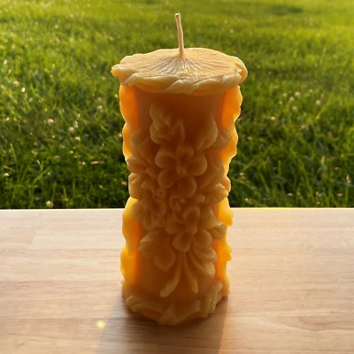 Delicate Floral Beeswax Pillar Candle / LARGE BEES WAX Pillars/Intricate Flower - Image 1 of 4