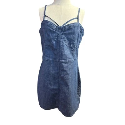 Mini vestido de festa Bebe denim tiras Bodycon Y2K tamanho 12 - Imagem 1 de 3