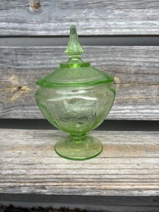 Vintage Uranium Green Depression  Glass Lidded Candy Dish- Anchor Hoking - Picture 1 of 17