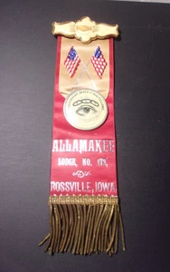 Antique Ribbon Metal Pin Odd Fellows Allamakee Lodge Rossville Iowa Flag Eye - Picture 1 of 8