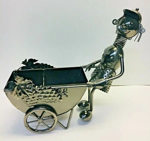 welded metal art wine bottle holder bar decor man cave man with hat pushing cart - Picture 1 of 11