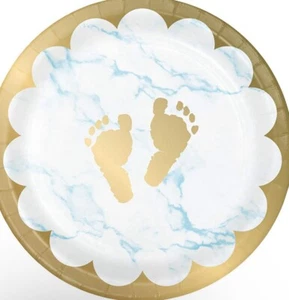 Marble Baby Shower Footprints Dessert Plates, 7", Blue, White and Gold - Picture 1 of 1