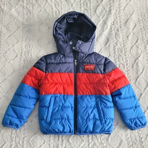 Levis Kids Puffer Jacket Coat Youth Size 7 6-7 Years Full Zip Hooded Blue Red - Picture 1 of 13