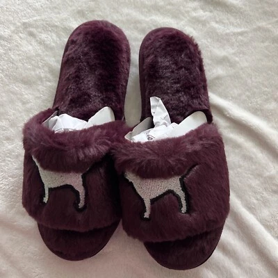 VICTORIA'S SECRET PINK SLIPPERS FAUX FUR SILVER PINK DOG LOGO BURGUNDY Small 5/6 - Image 1 of 4