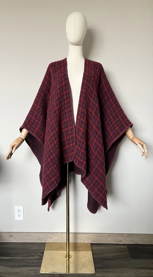 Boyne Valley Weavers Boiled Wool Blend Check Handcrafted in Ireland Poncho Red - Image 1 of 4