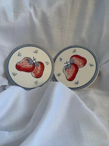 Vintage Ceramic Trivets Set Of 2 Strawberries Blue And White 6” EUC - Picture 1 of 5