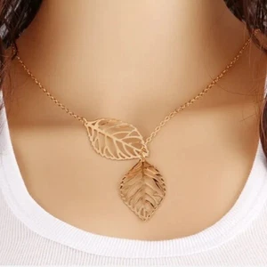 Modeschmuck Gold Doppelblatt Anhänger Halskette 18-20 Zoll - Bild 1 von 1