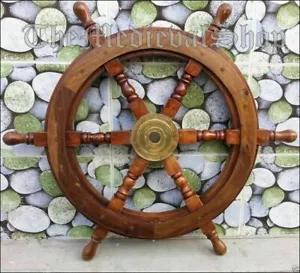 24" Brass Finishing Wooden Steering Ship Wheel Pirate Vintage Wall Boat Décor - Picture 1 of 2