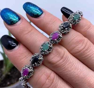 Natural Ruby, Emerald and Sapphire gems Bracelet, silver 925, gold plated, 7.5In - Picture 1 of 4