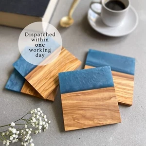 Set of 4 Italian Olive Wood Drinks Coasters with Blue Resin - Picture 1 of 6