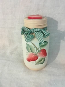 Hand Painted Jar Candle Red Strawberries 8 Inch Country Decor Mason Quart Rustic - Picture 1 of 15
