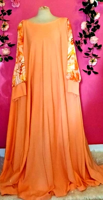 WOMEN PLUS SIZE CORAL SATIN FLORAL LONG SLEEVE KAFTAN DRESS ( ONE SIZE PLUS ) - Image 1 of 4