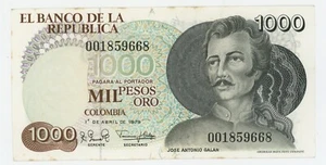 Colombia 1000 Pesos 1-4-1979 Pick 421.a aUNC Almost Uncirculated Banknote Stain - Picture 1 of 2