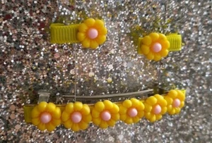 3" Hair Barrett & 2 Small Clips set for Girls Yellow Flowers Hand Made - Picture 1 of 3
