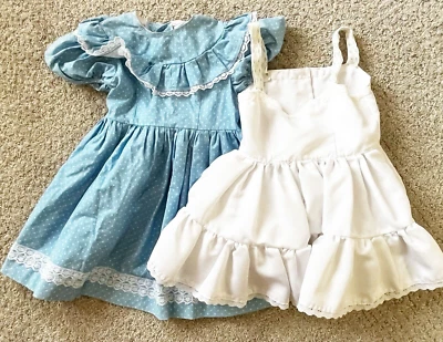Vintage Handmade Girls Dusty Blue Prairie Ruffle Dress Sz 6? Lace White Slip - Image 1 of 4