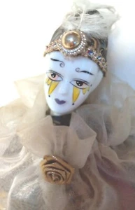 Jester wind up musical with movement 16" harlequin porcelain doll with stand - Picture 1 of 6