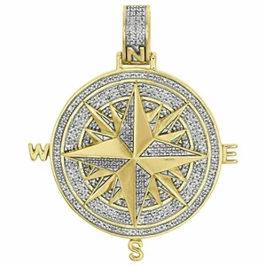 3 kt simulierter Diamant Kompass Anhänger Medaillon Charm 1,65 Zoll 14 K Gelbgold über - Bild 1 von 7