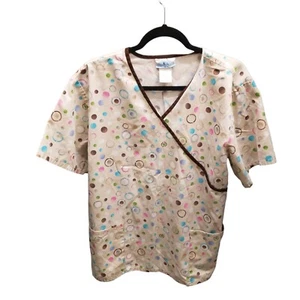 SB Womens Sz XL Brown Polka Dot Short Sleeve Scrub Top - Picture 1 of 10