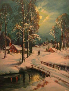 Winter Stream Cabins Clouds Moon, von Wm Thompson - Bild 1 von 1