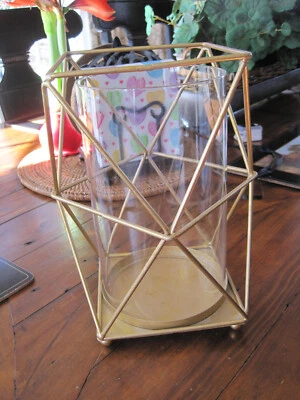 MODERN 3 WICK CANDLE HOLDER GOLD METAL GEOMETRIC DESIGN GLASS INSERT BALL FEET - Image 1 of 4