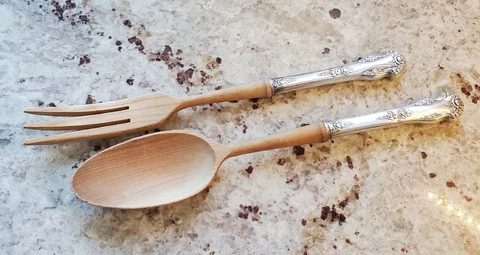 Sterling Silver Handle Wooden Serving Fork & Spoon Set Salad Serving set Cover