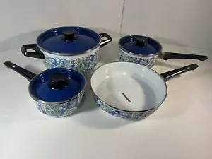 Retro 1970s Seville Cookwear 7 Piece Set Blue Floral Paisley Pots & Pans Vintage - Picture 1 of 12